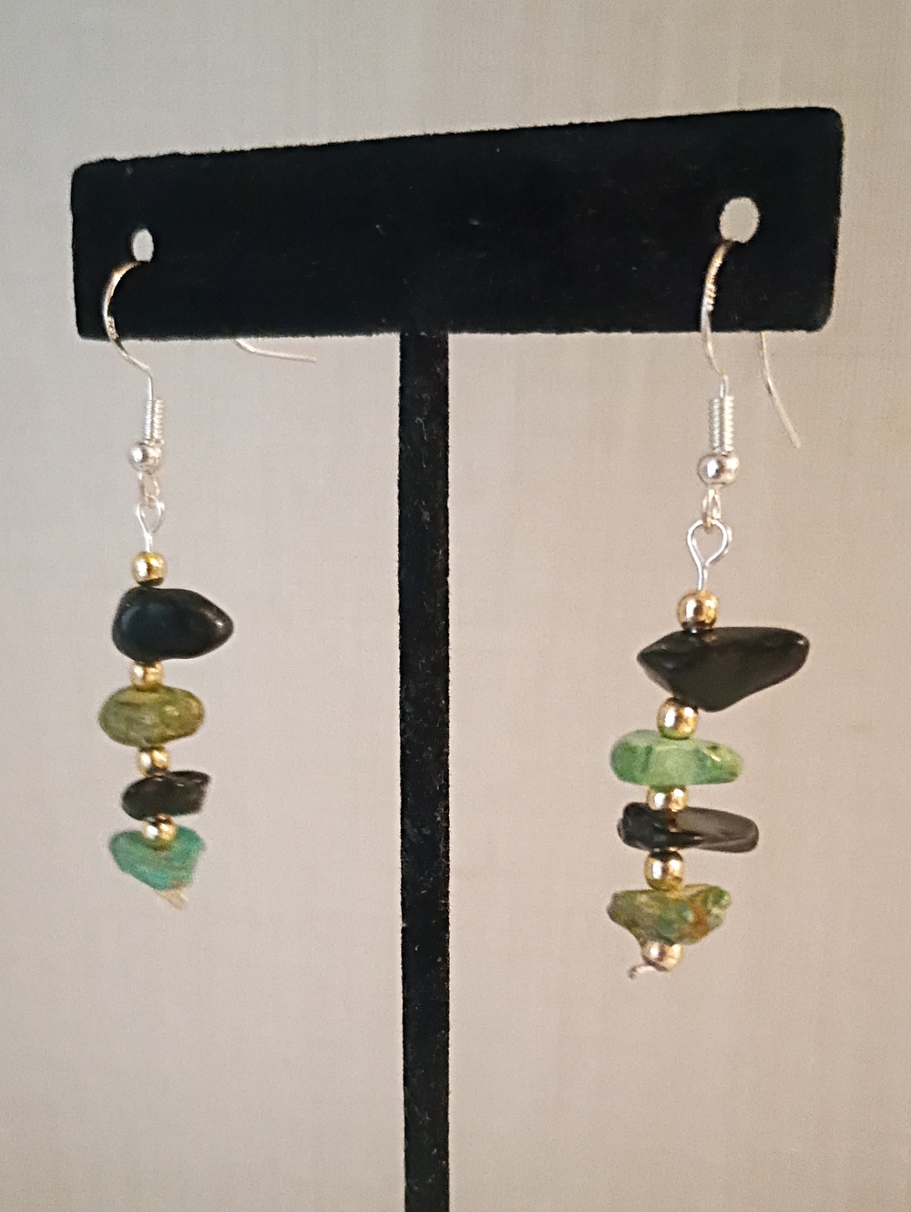 Dangle Earrings Raw, Stacked Gem Chips Onyx And  Green Turquoise 925 Hooks
